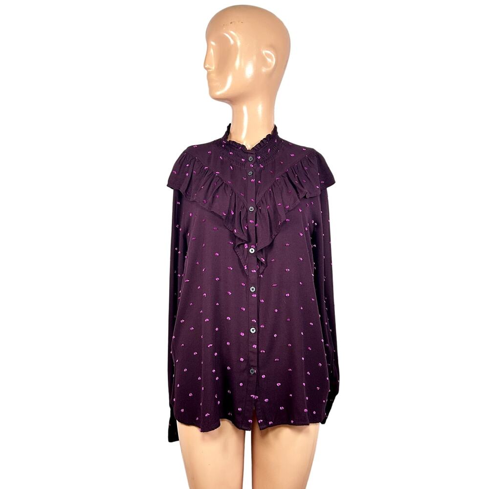 LOFT M Purple Blouse Swiss Dot Smocking Coquette Ruffle Feminine Chic Clown Boho